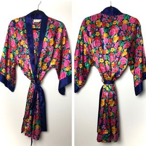 Victoria’s Secret Gold Label Vintage Satin Floral Robe with Navy Waist Tie